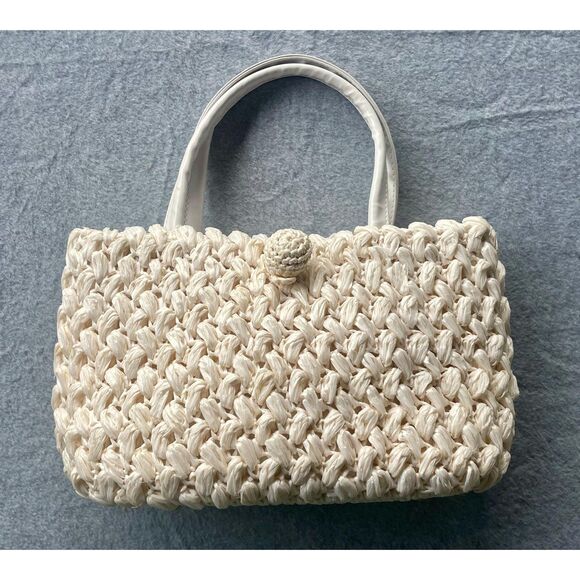 Vintage Mantessa Hand Made Japan Woven Straw Purse Ivory Top Handle Bag - Picture 3 of 15